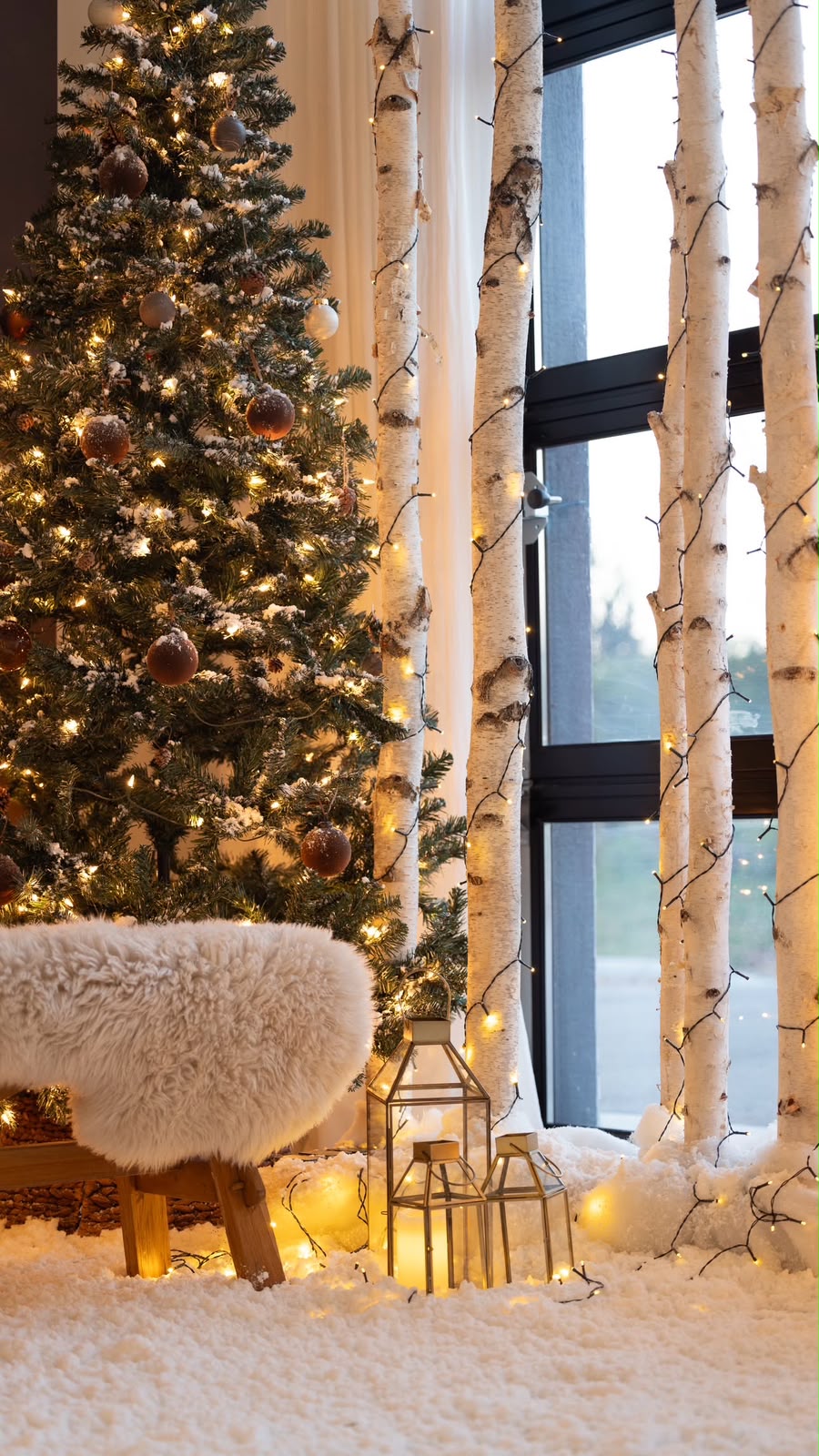Christmas tree with warm lights and birch trees at The Nodo Studio